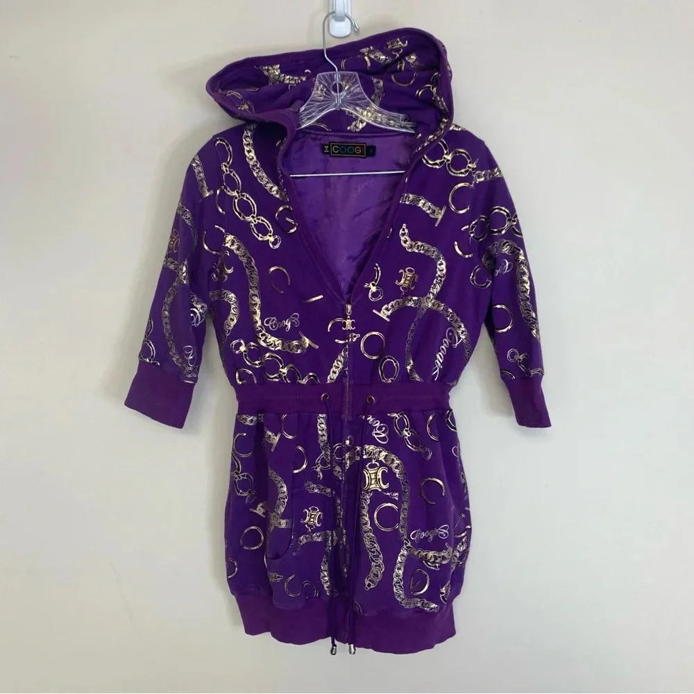 Coogi Purple Gold Short Sleeve Hooded Zip Up Bling Y2K Long  Zip Hoodie L